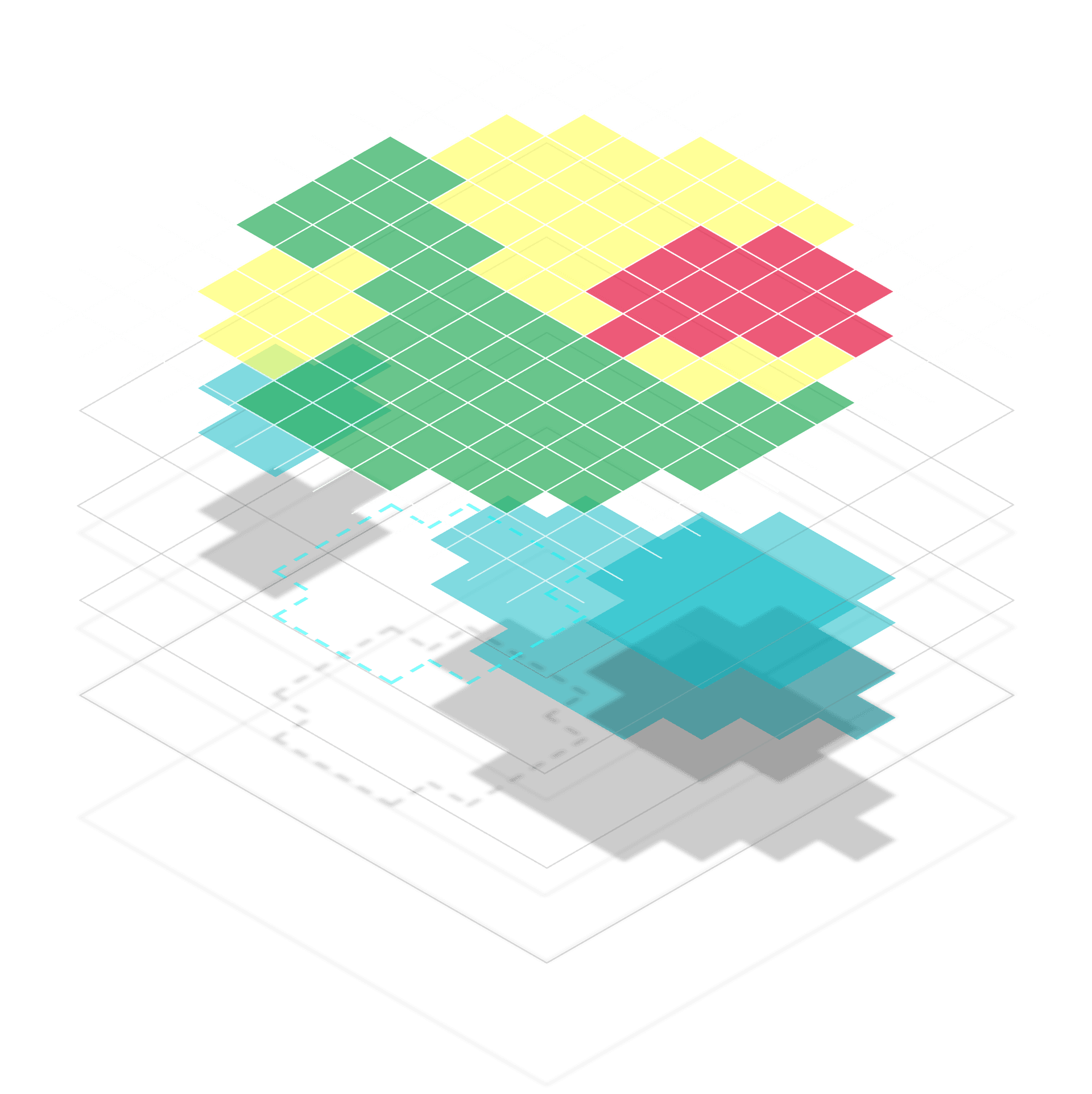 Layered isometric grid showing how Vega aggregates coverage and interference data into a scored forecast